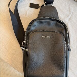 Coach Unisex Men's Black Leather Sling Bag